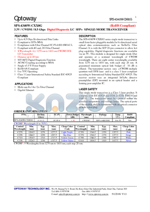 SPS-4340W-CXX0G datasheet - 3.3V / CWDM/ 8.5 Gbps Digital Diagnostic LC SFP SINGLE-MODE TRANSCEIVER