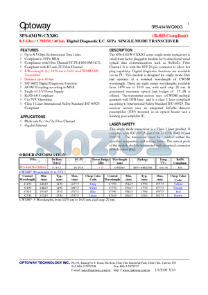 SPS-4341W-CXX0G datasheet - 8.5 Gb/s / CWDM / 40 km Digital Diagnostic LC SFP SINGLE-MODE TRANSCEIVER