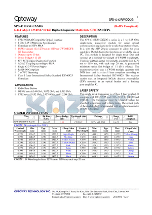 SPS-4310RW-CXX0G datasheet - 6.144 Gbps / CWDM / 10 km Digital DiagnosticMulti-Rate CPRI SM SFP
