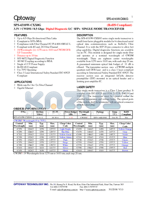 SPS-4310W-CXX0G datasheet - 3.3V / CWDM/ 8.5 Gbps Digital Diagnostic LC SFP SINGLE-MODE TRANSCEIVER