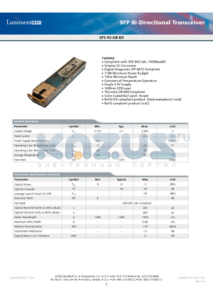 SPS-43-GB-BX-TNC datasheet - SFP Bi-Directional Transceiver