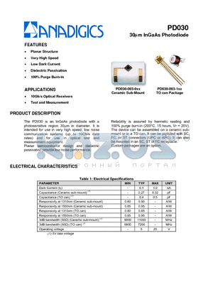 PD030 datasheet - 30lm InGaAs Photodiode