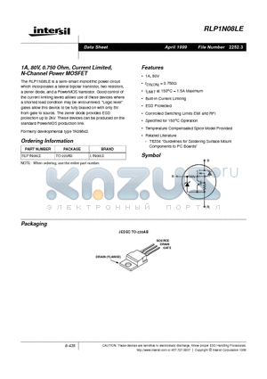 RLP1N08LE datasheet - 1A, 80V, 0.750 Ohm, Current Limited, N-Channel Power MOSFET