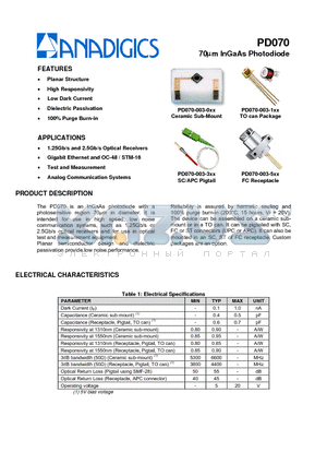 PD070-003-3XX datasheet - 70lm InGaAs Photodiode