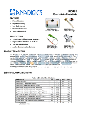 PD075-003-100 datasheet - 75lm InGaAs Photodiode