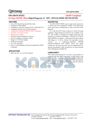 SPS-4381W-D31G datasheet - 8.5 Gbps/ DWDM / 80 km Digital Diagnostic LC SFP SINGLE-MODE TRANSCEIVER
