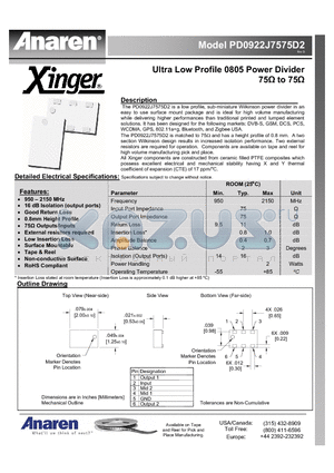 PD0922J7575D2 datasheet - Ultra Low Profile 0805 Power Divider 75Y to 75Y