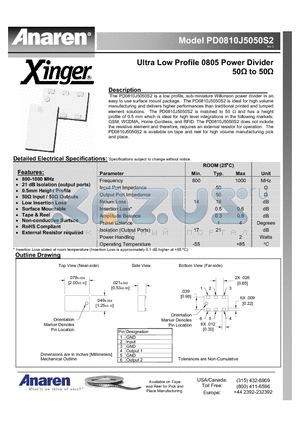 PD0810J5050S2 datasheet - Ultra Low Profile 0805 Power Divider 50Y to 50Y