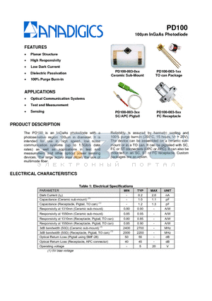 PD100-003-100 datasheet - 100lm InGaAs Photodiode