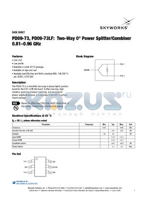 PD09-73LF datasheet - Two-Way 0` Power Splitter/Combiner 0.81-0.96 GHz