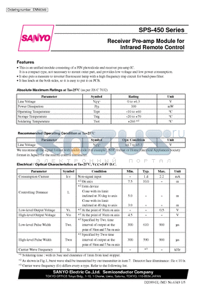 SPS-450 datasheet - Receiver Pre-amp Module for Infrared Remote Control