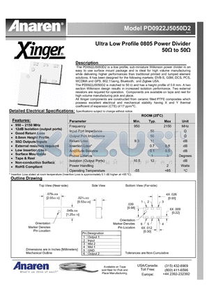 PD0922J5050D2 datasheet - Ultra Low Profile 0805 Power Divider 50Y to 50Y