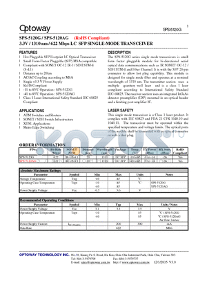 SPS-5120AG datasheet - 3.3V / 1310 nm / 622 Mbps LC SFP SINGLE-MODE TRANSCEIVER