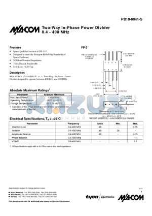 PD10-0041-S datasheet - Two-Way In-Phase Power Divider 0.4 - 400 MHz