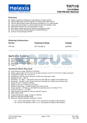 TH7110 datasheet - 315/433MHz FSK/FM/ASK Receiver