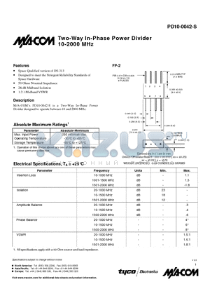 PD10-0042-S datasheet - Two-Way In-Phase Power Divider 10-2000 MHz