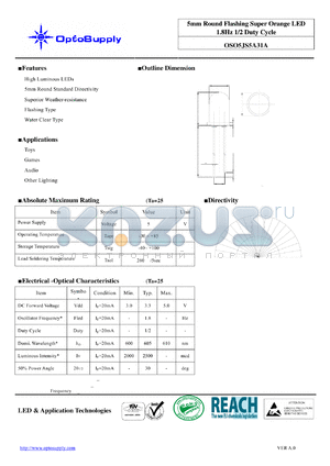 OSO5JS5A31A datasheet - 5mm Round Flashing Super Orange LED 1.8Hz 1/2 Duty Cycle