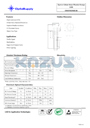 OSO5M356E1R datasheet - Tpower 4.8mm Straw Phoenix Orange LED