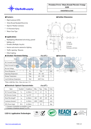 OSO5M3A131U datasheet - Premium Power 10mm Round Phoenix Orange