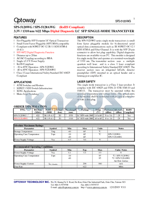 SPS-5120WG datasheet - 3.3V / 1310 nm / 622 Mbps Digital Diagnostic LC SFP SINGLE-MODE TRANSCEIVER