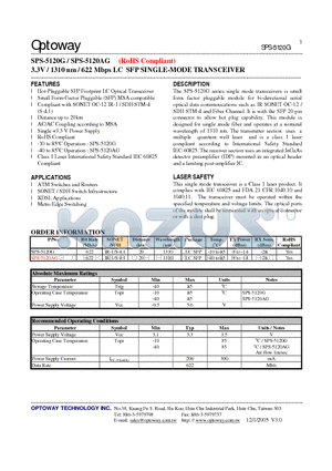 SPS-5120G datasheet - 3.3V / 1310 nm / 622 Mbps LC SFP SINGLE-MODE TRANSCEIVER