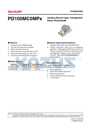 PD100MC0MP1 datasheet - Surface Mount Type, Transparent Resin Photodiode