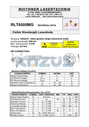 RLT6505MG datasheet - Visible Wavelength Laserdiode