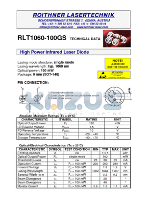 RLT1060-100GS datasheet - High Power Infrared Laser Diode