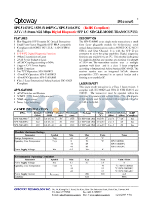 SPS-5140WG datasheet - 3.3V / 1310 nm / 622 Mbps Digital Diagnostic SFP LC SINGLE-MODE TRANSCEIVER