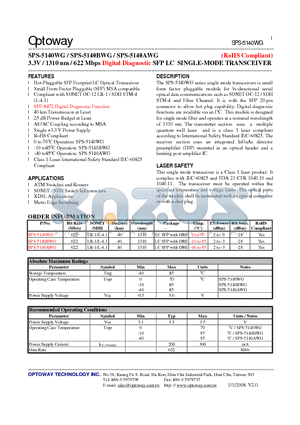 SPS-5140BWG datasheet - 3.3V / 1310 nm / 622 Mbps Digital Diagnostic SFP LC SINGLE-MODE TRANSCEIVER