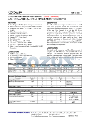 SPS-5140G datasheet - 3.3V / 1310 nm / 622 Mbps SFP LC SINGLE-MODE TRANSCEIVER