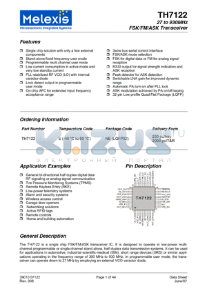 TH7122 datasheet - 27 to 930MHz FSK/FM/ASK Transceiver