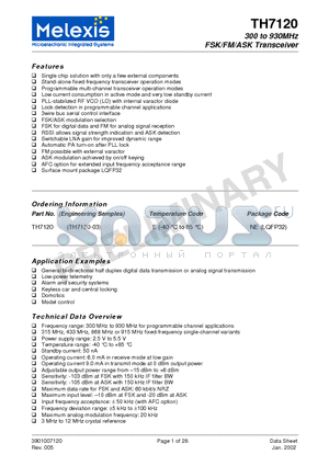 TH7120 datasheet - 300 to 930MHz FSK/FM/ASK Transceiver