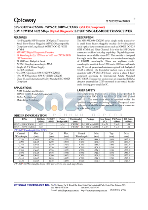 SPS-53120BW-CXX0G datasheet - 3.3V / CWDM / 622 Mbps Digital Diagnostic LC SFP SINGLE-MODE TRANSCEIVER