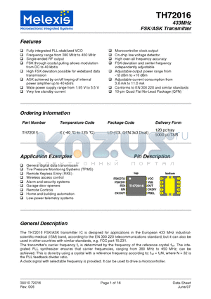 TH72016 datasheet - 433MHz FSK/ASK Transmitter