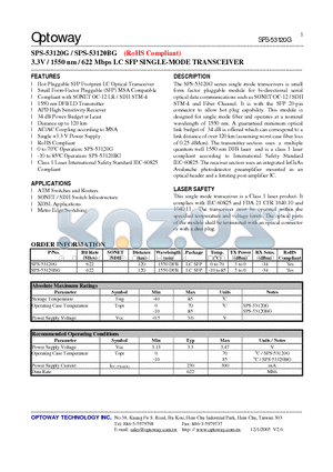 SPS-53120G datasheet - 3.3V / 1550 nm / 622 Mbps LC SFP SINGLE-MODE TRANSCEIVER