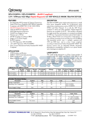 SPS-53120BWG datasheet - 3.3V / 1550 nm / 622 Mbps Digital Diagnostic LC SFP SINGLE-MODE TRANSCEIVER