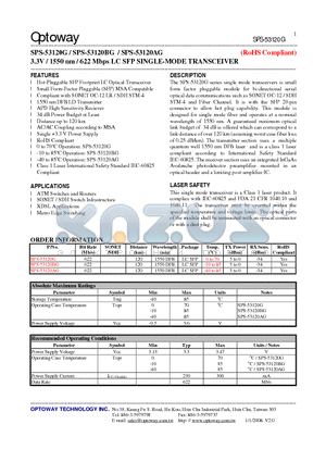 SPS-53120AG datasheet - 3.3V / 1550 nm / 622 Mbps LC SFP SINGLE-MODE TRANSCEIVER