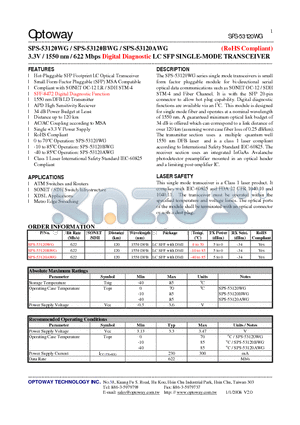 SPS-53120AWG datasheet - 3.3V / 1550 nm / 622 Mbps Digital Diagnostic LC SFP SINGLE-MODE TRANSCEIVER