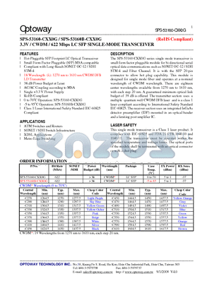 SPS-53160B-CXX0G datasheet - 3.3V / CWDM / 622 Mbps LC SFP SINGLE-MODE TRANSCEIVER