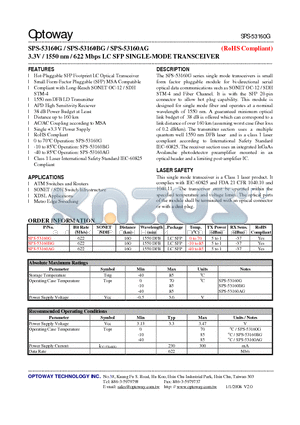 SPS-53160BG datasheet - 3.3V / 1550 nm / 622 Mbps LC SFP SINGLE-MODE TRANSCEIVER