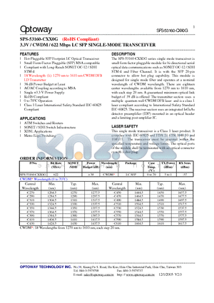 SPS-53160-CXX0G datasheet - 3.3V / CWDM / 622 Mbps LC SFP SINGLE-MODE TRANSCEIVER