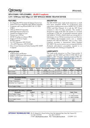 SPS-53160G datasheet - 3.3V / 1550 nm / 622 Mbps LC SFP SINGLE-MODE TRANSCEIVER