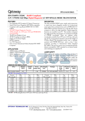 SPS-53160W-CXX0G datasheet - 3.3V / CWDM / 622 Mbps Digital Diagnostic LC SFP SINGLE-MODE TRANSCEIVER