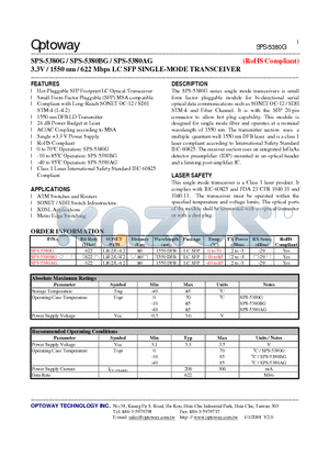 SPS-5380AG datasheet - 3.3V / 1550 nm / 622 Mbps LC SFP SINGLE-MODE TRANSCEIVER