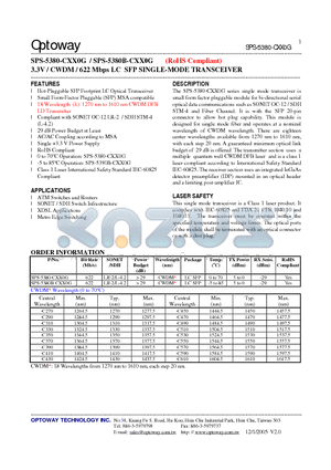 SPS-5380-CXX0G datasheet - 3.3V / CWDM / 622 Mbps LC SFP SINGLE-MODE TRANSCEIVER