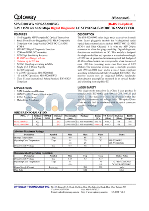SPS-53200BWG datasheet - 3.3V / 1550 nm / 622 Mbps Digital Diagnostic LC SFP SINGLE-MODE TRANSCEIVER