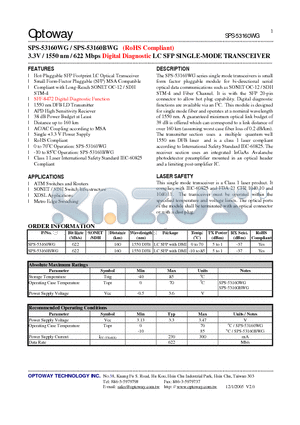 SPS-53160WG datasheet - 3.3V / 1550 nm / 622 Mbps Digital Diagnostic LC SFP SINGLE-MODE TRANSCEIVER