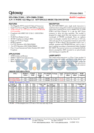 SPS-5380-CXX0G_08 datasheet - 3.3V / CWDM / 622 Mbps LC SFP SINGLE-MODE TRANSCEIVER