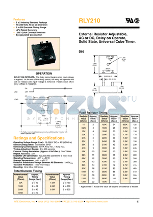 RLY210 datasheet - External Resistor Adjustable, AC or DC, Delay on Operate, Solid State, Universal Cube Timer